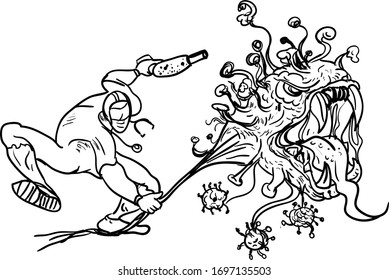 Covid-19 doctor superheroes are fighting corona virus pandemic monster to protect a patient.Doctor in PPE suit fighting with COVID monster.