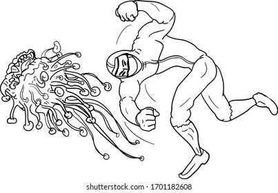 Covid-19 doctor superheroes are fighting corona virus pandemic monster to protect a patient.