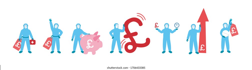 Covid-19 doctors in a blue isolation suits and holding british pound and health symbols. Sars-CoV-2 rising prices. How expensive is medical care and equipment? People with a price tag illustration set