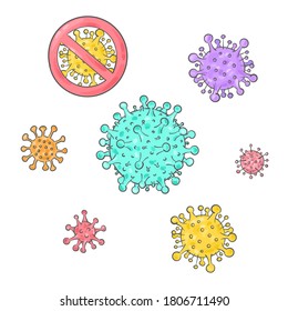 Covid-19 doodle bacterias. Virus sample. Covid-19 coronavirus protection and treatment. Medical doodles.