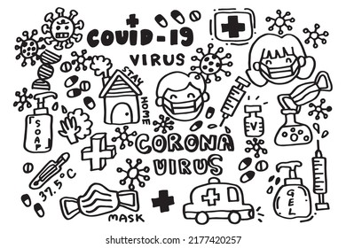 covid-19 doodle hand drawn cartoon , black line on white background