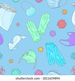 Covid-19 doodle pattern. Coronavirus protection and treatment. Medical equipment background. Face mask, sterile gloves, glasses, face shield, respirator.