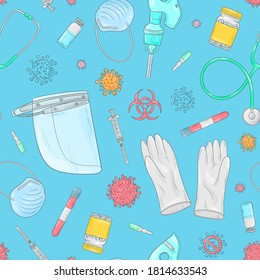 Covid-19-Doodle-Muster. Schutz und Behandlung von Coronavirus. Medizinische Ausrüstung, Hintergrund. Gesichtsmaske, sterile Handschuhe, Sauerstoffmaske, Arzt-Gesichtsschild.