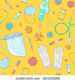 Covid-19 doodle pattern. Coronavirus protection and treatment. Medical equipment background. Face mask, sterile gloves, oxygen mask, doctor face shield.