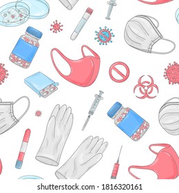 Covid-19 doodle pattern. Coronavirus protection and treatment. Medical equipment background. Face mask, sterile gloves, syringe.