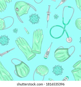 Covid-19-Doodle-Muster. Schutz und Behandlung von Coronavirus. Medizinische Ausrüstung, Hintergrund. Gesichtsmaske, sterile Handschuhe, Spritze.
