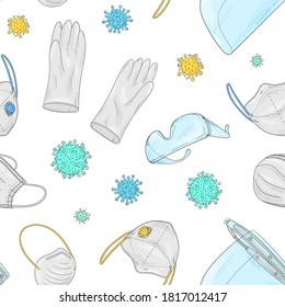 Patrón de doodle Covid-19. Protección y tratamiento del coronavirus. Fondo del equipo médico. Máscara facial, guantes estériles, escudo facial médico.