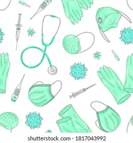 Covid-19-Doodle-Muster. Schutz und Behandlung von Coronavirus. Medizinische Ausrüstung, Hintergrund. Gesichtsmaske, sterile Handschuhe, Spritze.