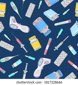 Covid-19 doodle pattern. Coronavirus protection and treatment. Medical equipment background. Thermometer, pills and drugs, suringe, blood test.