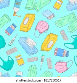 Patrón de doodle Covid-19. Protección y tratamiento del coronavirus. Fondo del equipo médico. Máscara facial, guantes estériles, píldoras, termómetro, gel para desinfectar.