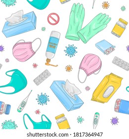 Covid-19 doodle pattern. Coronavirus protection and treatment. Medical equipment background. Face mask, sterile gloves, pills, thermometer, sanitizer gel.