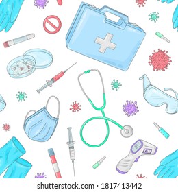 Covid-19 doodle pattern. Coronavirus protection and treatment. Medical equipment background. Face mask, sterile gloves, syringe, first aid kit.