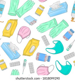 Covid-19 doodle pattern. Coronavirus protection and treatment. Medical equipment background. Face mask, sterile gloves, pills, thermometer, sanitizer gel.