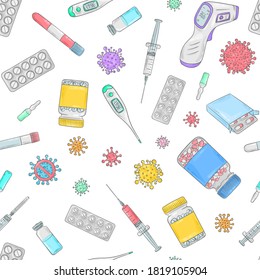Covid-19-Doodle-Muster. Schutz und Behandlung von Coronavirus. Medizinische Ausrüstung, Hintergrund. Thermometer, Tabletten und Medikamente, Suringe, Bluttest.