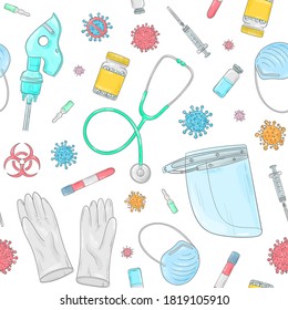 Covid-19 doodle pattern. Coronavirus protection and treatment. Medical equipment background. Face mask, sterile gloves, oxygen mask, doctor face shield.
