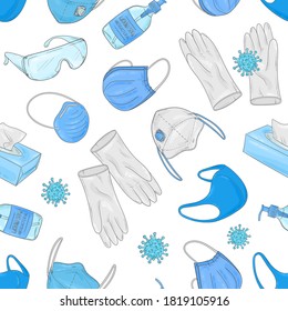 Covid-19 doodle pattern. Coronavirus protection and treatment. Medical equipment background. Face mask, sterile gloves, antibacterial soap, protective glasses.