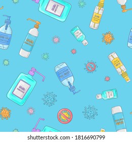 Covid-19 doodle pattern. Hand sanitizer gel, sanitizer spray, antibacterial soap. Prevention the spread of coronavirus.