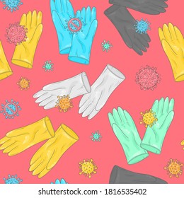 Covid-19-Doodle-Muster. Sterile Handschuhe. Chirurgische Handschuhe. Schutz des Coronavirus. Medizinische Ausrüstung, Hintergrund.