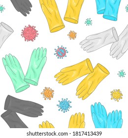 Patrón de doodle Covid-19. Guantes estériles. Guantes quirúrgicos. Protección contra el coronavirus. Fondo del equipo médico.