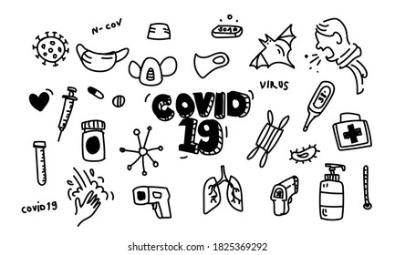 Covid19 Doodle Vector Set Corona Virus Hand Drawn Illustration