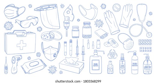 Covid-19 doodles set. Coronavirus protection and treatment. Medical equipment. Covid-19 coronavirus sketches set. Face mask, sterile gloves. Syringe, drugs, thermometer. Hand sanitizer and soap.