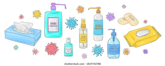 Covid-19 doodles set. Coronavirus protection and treatment. Medical equipment. Hand sanitizer and antibacterial soap. Sanitezer gel and spray.