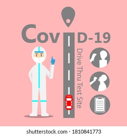 Covid-19 Drive Thru Testing Site With Checking Patient's Temperature,swab Test, Information Icons. Medical Staff Working At Corona Virus Testing Zone Vector