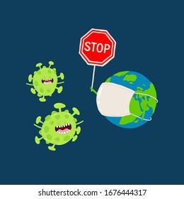 COVID-19 earth wearing a medical mask with stop sign. Coronavirus danger and public health risk disease and flu outbreak. Pandemic medical concept with dangerous cells. Coronavirus awareness poster.