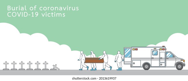 COVID-19 Emergency Rescue, Morque workers in personal proective equipment (PPE) bury body of COVID-19 victim, Funeral, Cemetery, Coronavirus outbreak concept. Vector illustration isolated background.