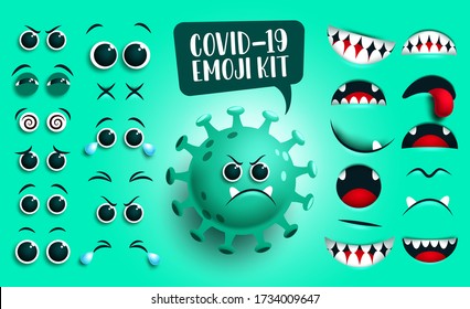 Covid19 Emoji Kit Vector Set. Green Corona Virus Covid19 Icon Creation, Kit Eyes And Mouth With Sad Facial Expression Isolated In Green Background. Vector Illustration.