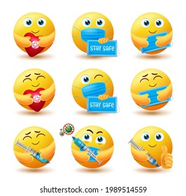 Covid-19 emoji vector set. Emojis 3d emoticon characters in healthy and safe expressions for stay safe and new normal campagin avatar collection design. Vector illustration