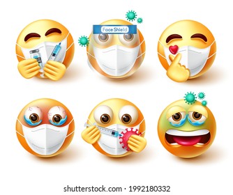 Covid-19 emoji vector set. Emojis 3d characters in safe and sick expression with face mask, vaccine and shield element for coronavirus protection avatar collection design. Vector illustration