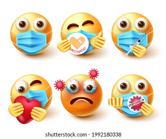 Covid-19 emoji vector set. Emojis 3d characters with happy, care and vaccinated facial expression for pandemic prevention campaign avatar collection design. Vector illustration
