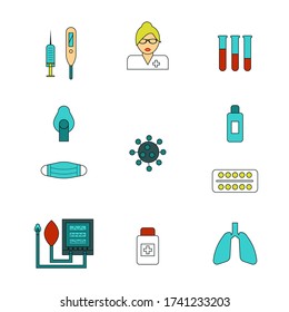 COVID-19 epidemic icons set. Corona virus pandemic signs, artificial lung ventilation vector illustration.