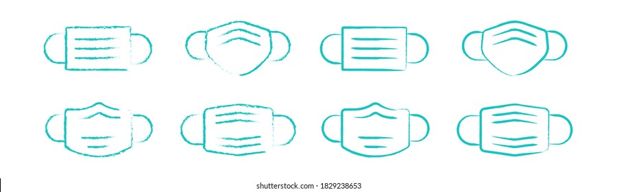 Covid-19 Face Mask Icons. Facemask Face Covering Vector Icon Set In Hand Drawn Paint Brush Stroke Style. Facemasks, Surgical Mask, Medical Mask, N95 Etc