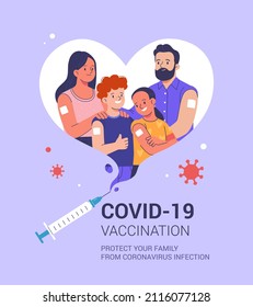 COVID-19 Family Vaccination concept. Vector cartoon illustration of parents and children with an adhesive plaster on their shoulder inside the heart, made by the syringe
