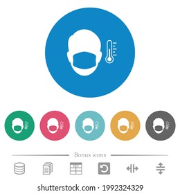 Covid-19 fever measurement flat white icons on round color backgrounds. 6 bonus icons included.