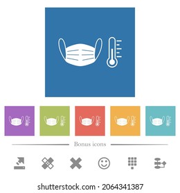 Covid-19 fever measurement flat white icons in square backgrounds. 6 bonus icons included.
