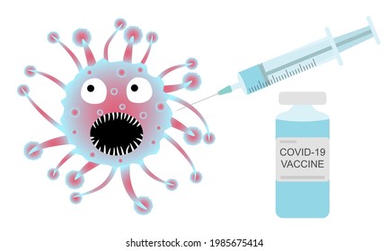 Covid-19 fight, vaccination. Syringe and  vaccine. Vector illustration