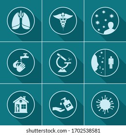 Covid-19 flat icon set on theme coronovirus.
Included icons as antiseptic, washing hands, infection cause, hand sanitizer, lungs, cough and other. 