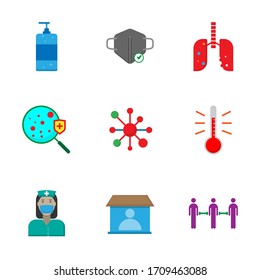 Conjuntos de iconos planos Covid-19 como gel alcohol, mesk, temperatura y más relacionados, icono perfecto de 64x64 píxeles, icono editable para el diseño web y aplicación en fondo blanco aislado
