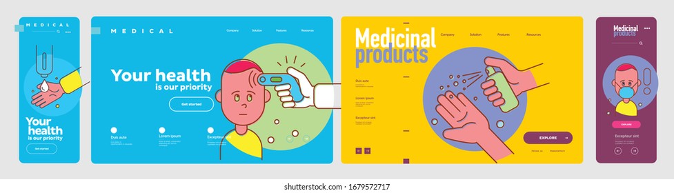 COVID-19. Flat vector illustration about coronavirus and thematic icons, in the form of a template of the site page and mobile screen. 