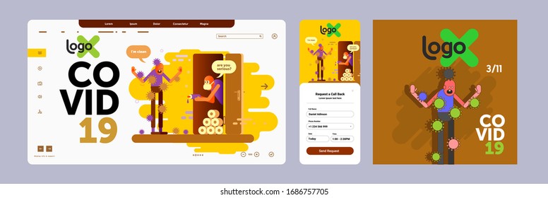 COVID-19. Flat vector illustration. People sitting at home on the quarantine.  Web site Template, mobile screen, cover. 