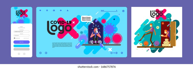 COVID-19. Flat vector illustration. People sitting at home on the quarantine.  Web site Template, mobile screen, cover. 