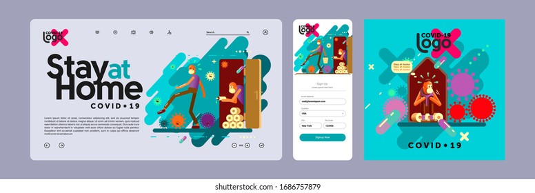 COVID-19. Flat vector illustration. People sitting at home on the quarantine.  Web site Template, mobile screen, cover. 