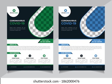 Covid-19 Flyer, Medical Flyer Design Templates, Business Flyer Design Templates, shape design, a4 size, green, blue, illustration