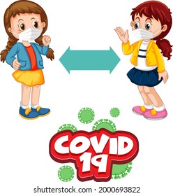 Fuente Covid-19 en estilo de caricatura con dos niños manteniendo la distancia social aislada en ilustración de fondo blanco