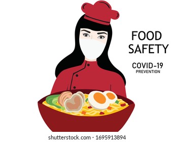 COVID-19 food safety concept woman chef wearing face mask holding big noodle bowl food plate vector illustration