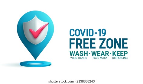 Covid-19 free vector banner design. Covid free zone text with safe location elements and safety instruction signage for public place health and safety signage. Vector illustration.
