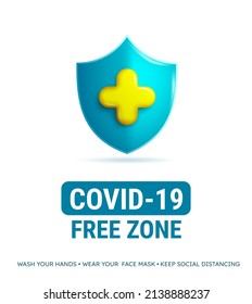 Covid-19 free vector poster design. Covid free text in protection shield logo with health and safety instruction in white background for new normal public location protection. Vector illustration.
